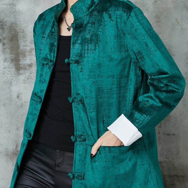 Vintage Peacock Green Stand Collar Chinese Button Cotton Coats Spring