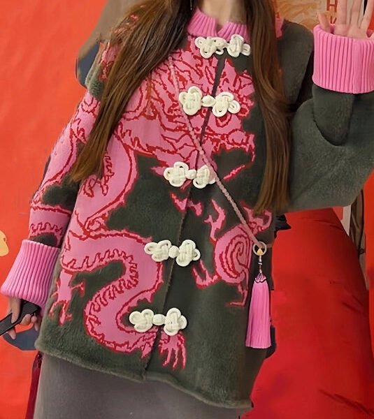 Loose Rose Chinese Button Cotton Knit Coat Long Sleeve