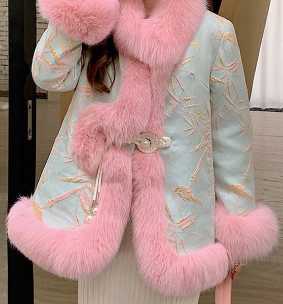 Pink Patchwork Button Leather And Fur Coats Long Sleeve