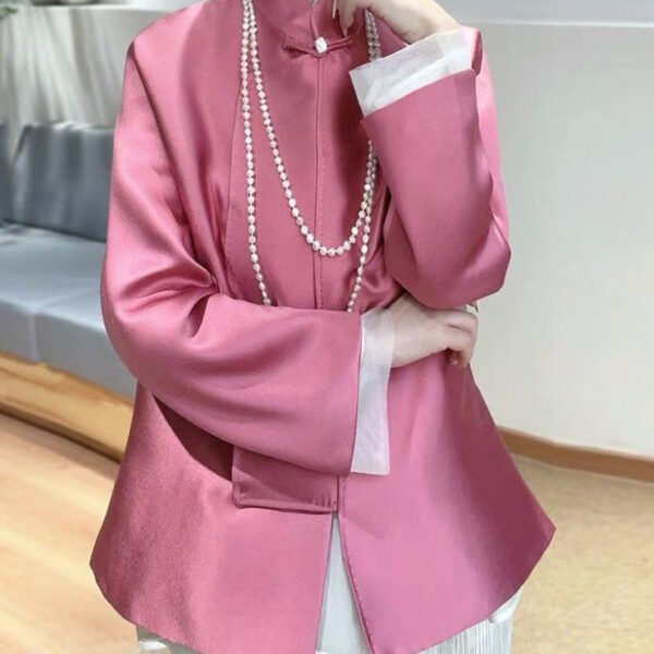 New Pink Stand Collar Button Patchwork Silk Coats Spring