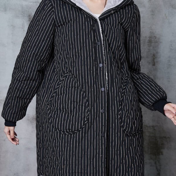 Vintage Black Hooded Striped Warm Fleece Coat Winter