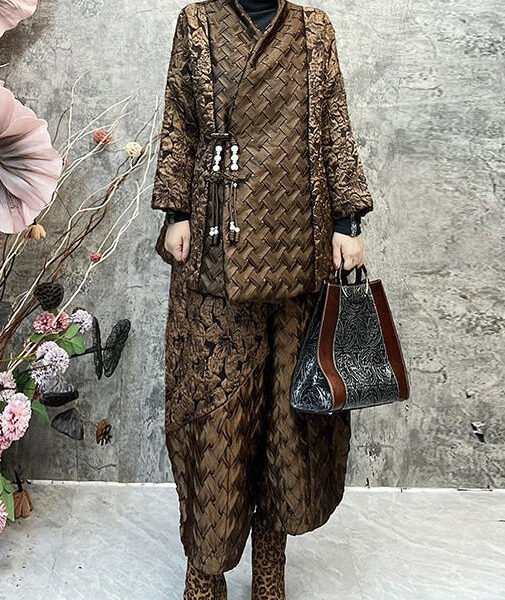 Jacquard Coffee Patchwork Coats And Lantern Pants Cotton Filled Two Pieces Set Spring