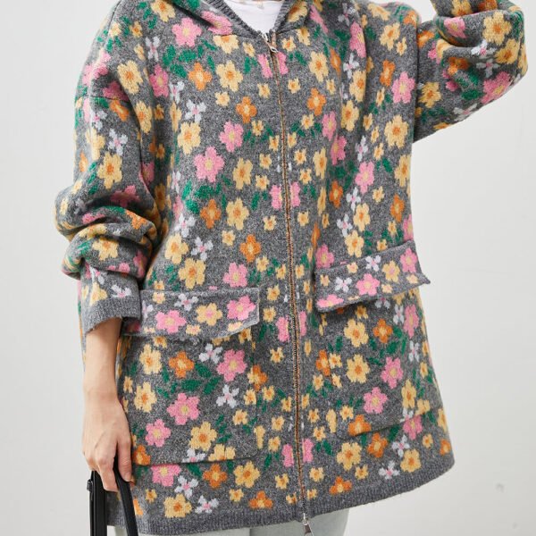 Stylish Grey Zip Up Floral Print Knit Coat Spring