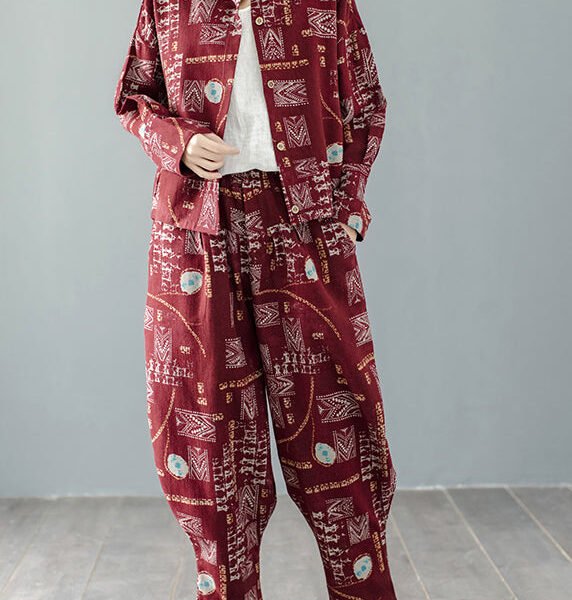 Casual Mulberry Stand Collar Print Coats And Harem Pants Two Pieces Set Long Sleeve