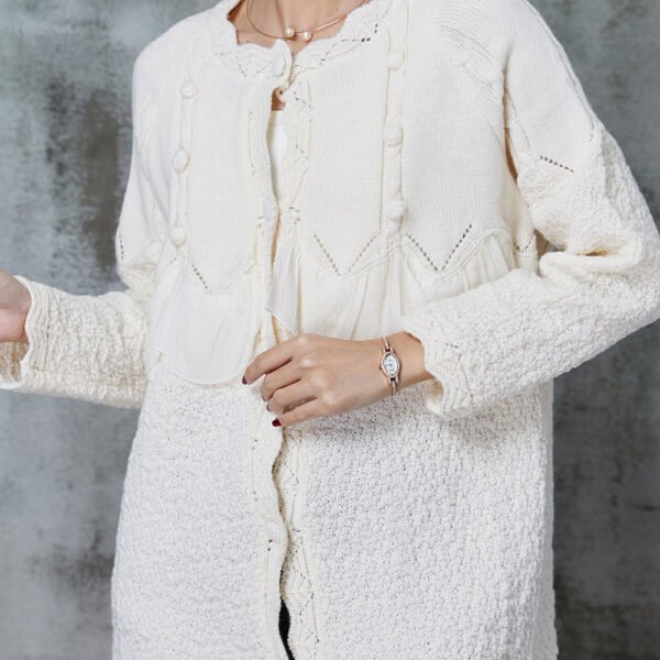 Elegant White Ruffles Patchwork Knit Coat Outwear Spring
