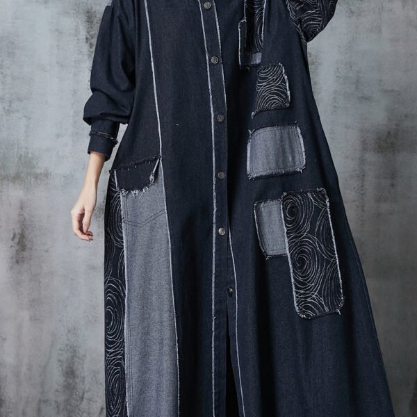 Classy Black Oversized Patchwork Applique Denim Coat Spring