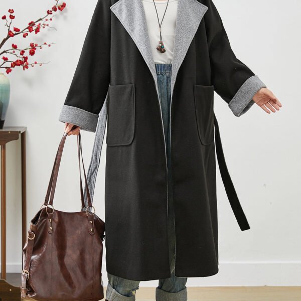 Original Design Black Peter Pan Collar Patchwork Woolen Coat Spring