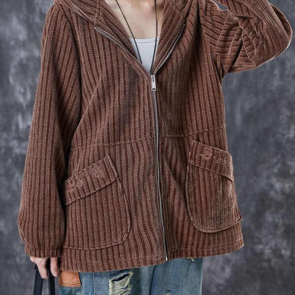 Modern Coffee Hooded Pockets Corduroy Coat Spring