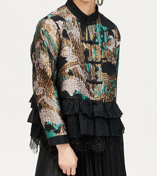Jacquard Coffee Ruffled Button Cotton Coat Long Sleeve