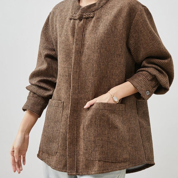 Casual Brown Chinese Button Pockets Cotton Coats Spring