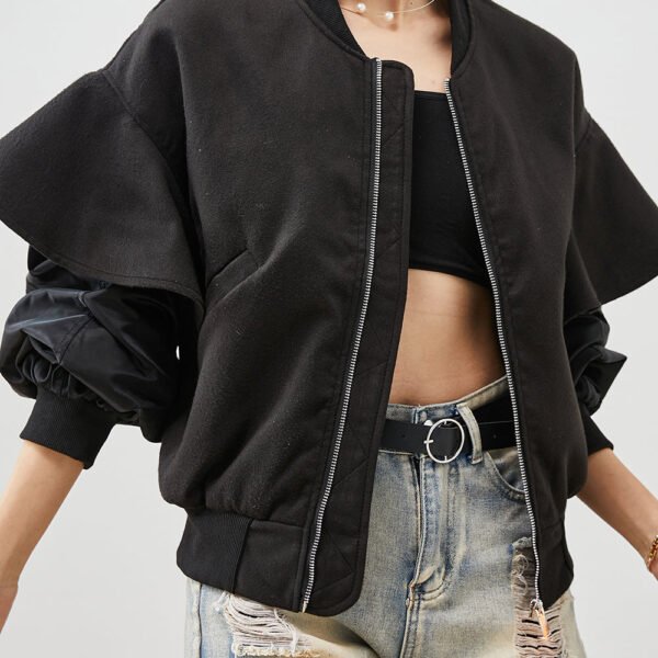 Style Black Ruffled Patchwork Cotton Coat Spring