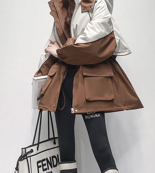 Loose Coffee Hooded Pockets Patchwork Warm Fleece Coats Winter