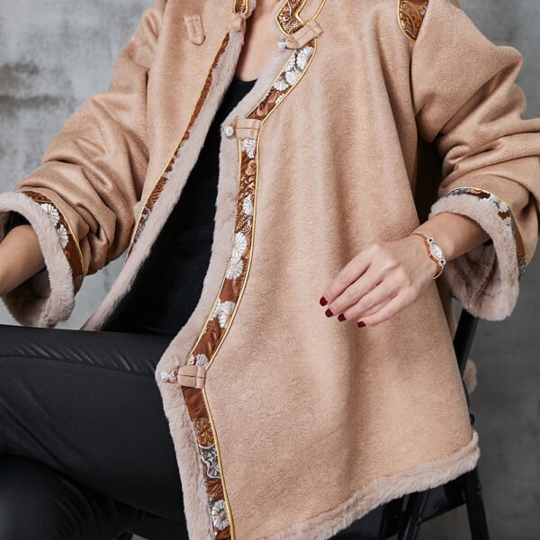 Vintage Khaki Chinese Button Patchwork Warm Fleece Coats Spring