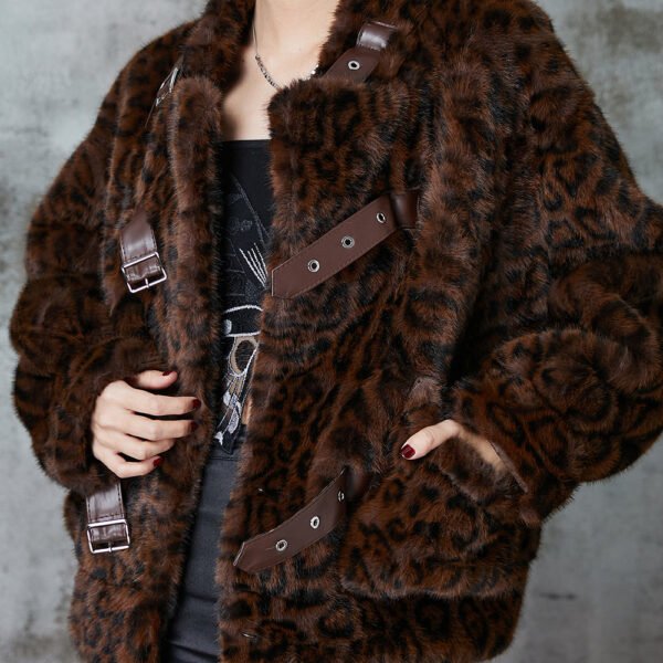 Classy Brown Leopard Print Pockets Faux Fur Coat Winter