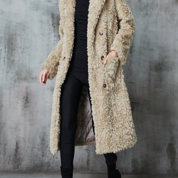 Fashion Khaki Double Breast Thick Fuzzy Fur Fluffy Coats Winter