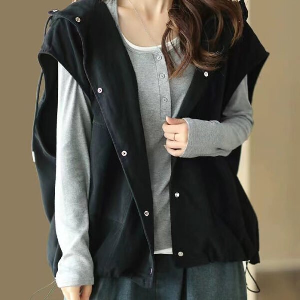 Black Lace Up Pockets Cotton Waistcoat Hooded Spring