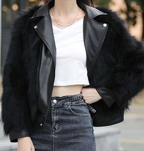 Black Notched Zippered Leather And Fur Coats Winter