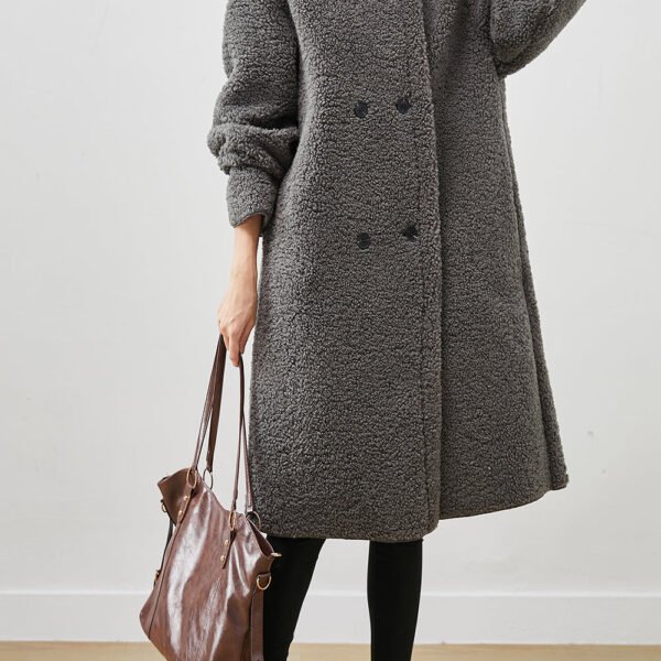 French Grey Oversized Double Breast Faux Fur Fleece Coat Spring