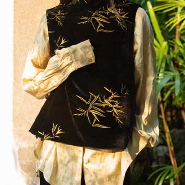 Women Black Stand Collar Embroideried Button Velour Waistcoat Sleeveless
