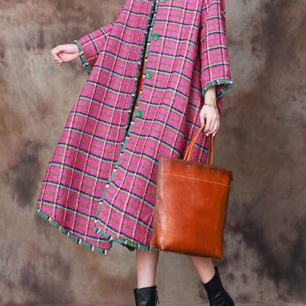 Plus Size Pink Plaid Button Wool Long Coats Spring