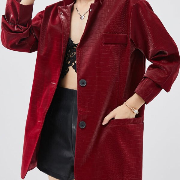 French Mulberry Crocodile Pattern Faux Leather Coat Spring
