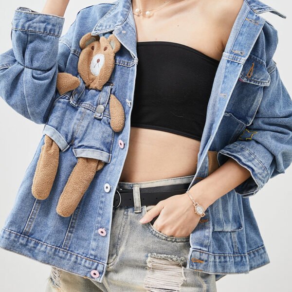 Cute Light Blue Bear Oversized Denim Coats Spring