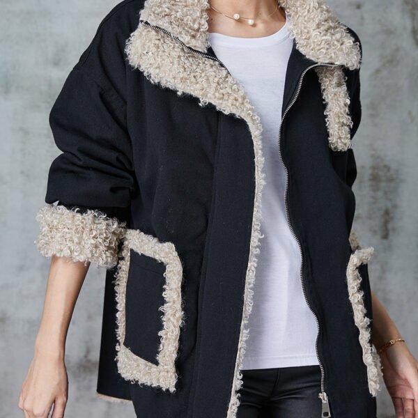 Loose Black Oversized Patchwork Fleece Wool Lined Coat Winter