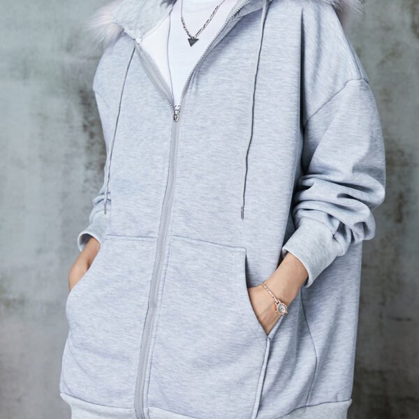 Women Grey Hooded Pockets Warm Fleece Sweatshirt Coats Spring