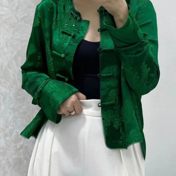 New Green Print Button Silk Shirts Coats Long Sleeve