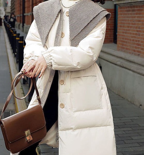 Classy White Peter Pan Collar Button Duck Down Puffer Jacket Long Sleeve
