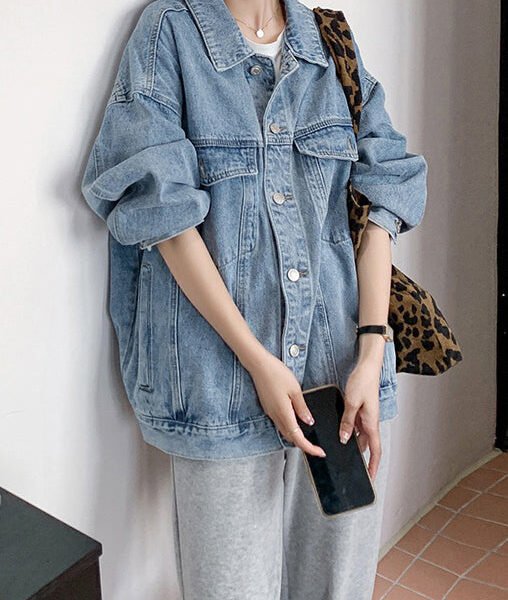 Loose Blue Peter Pan Collar Button Pockets Denim Coats Spring