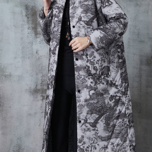Vintage Grey Print Pockets Fine Cotton Filled Coats Winter