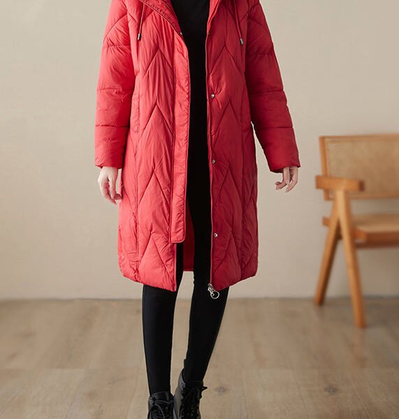 Women Red Zip Up Hooded Pockets Fine Cotton Filled Witner Coat