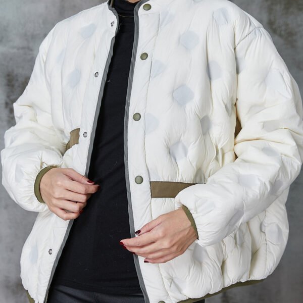 White Patchwork Duck Down Puffer Jacket Stand Collar Spring