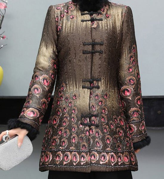 Coffee Print Fine Cotton Filled Coat Fur Collar Button Long Sleeve