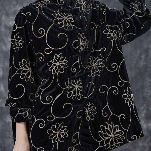 Unique Black Jacquard Chinese Button Silk Velour Coat Spring