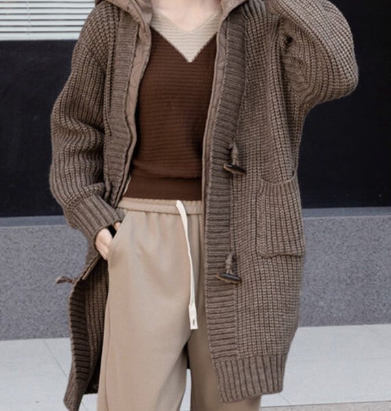 Simple Brown Button Fake Two Pieces Cotton Knit Hooded Coats Spring