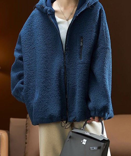 Simple Blue Hooded Pockets Drawstring Teddy Faux Fur Coats Long Sleeve