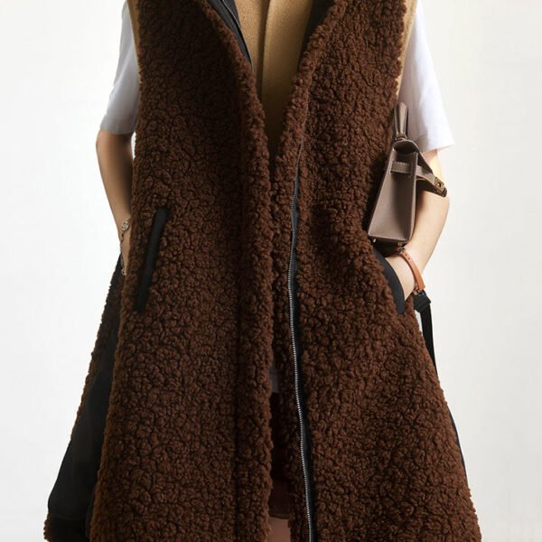 Loose Coffee Hooded Zippered Patchwork Teddy Faux Fur Waistcoat Sleeveless