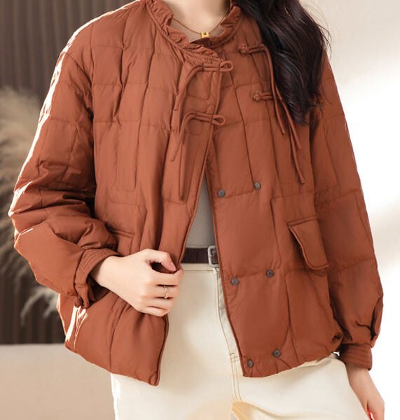 Caramel Tasseled Button Patchwork Fine Cotton Filled Coats Ruffled Winter