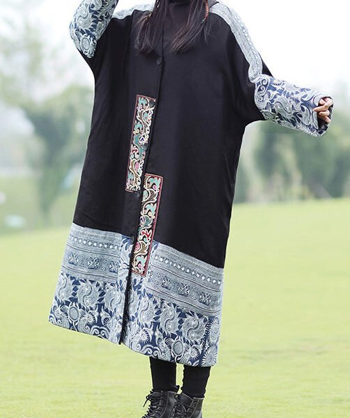 Bohemian Black Embroidered Patchwork Fine Cotton Filled Coat Spring