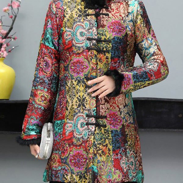 Women Multicolor Chinese Button Fine Cotton Filled Coat Long Sleeve