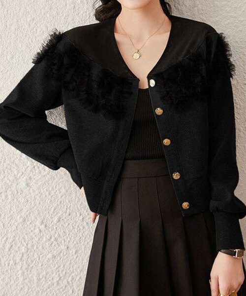 Black Tulle Patchwork Cotton Coat V Neck Long Sleeve