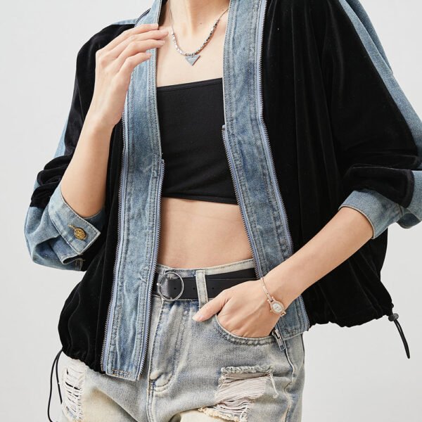 Chic Black Zip Up Patchwork Silk Velvet Denim Coats Spring