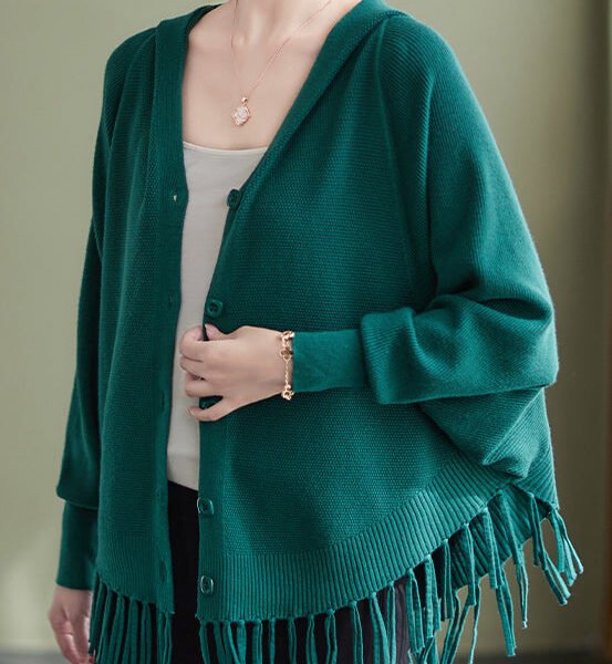 Loose Blackish Green Tasseled Button Hooded Knit Coat Spring