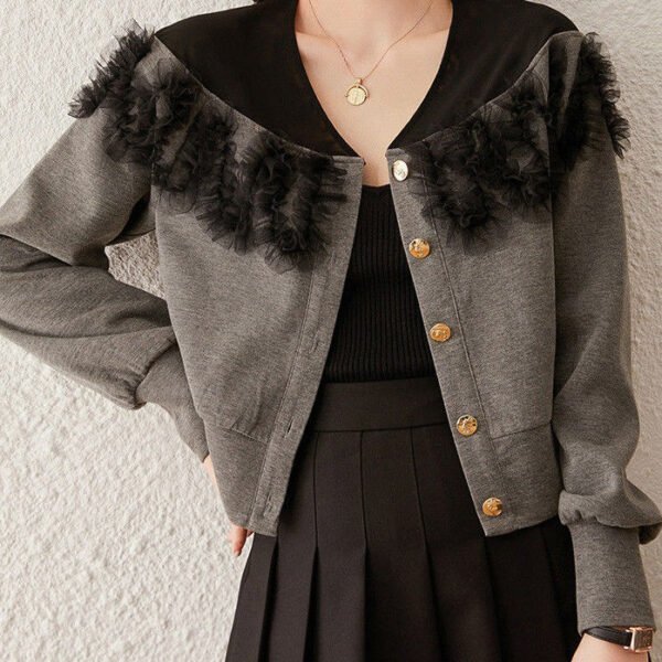 New Grey Button Tulle Patchwork Cotton Coat Spring
