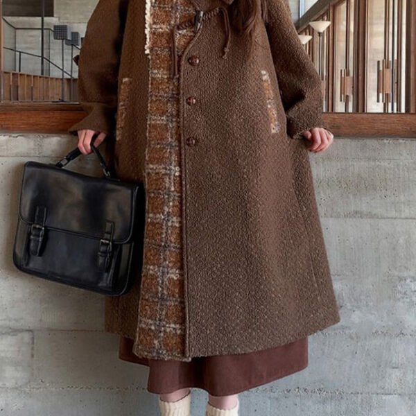New Brown Peter Pan Collar Pockets Patchwork Woolen Coat Winter