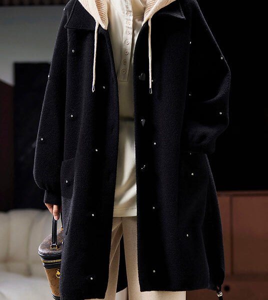 Plus Size Black Hooded Zircon Patchwork Woolen Coats Spring