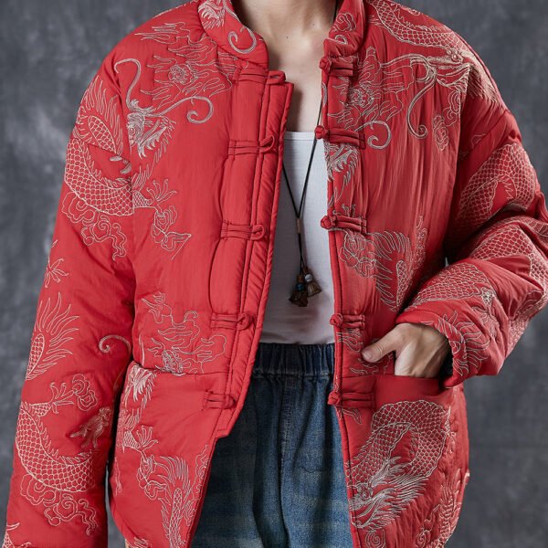 Chinese Style Red Embroideried Patchwork Fine Cotton Filled Coats Winter