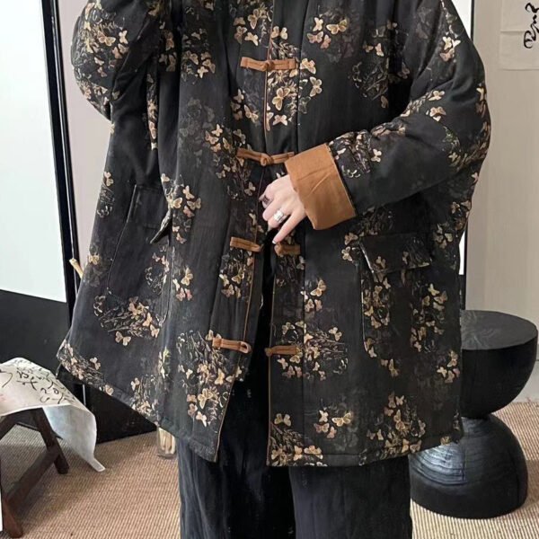 Chinese Style Black Pockets Print Fine Cotton Filled Coat Winter